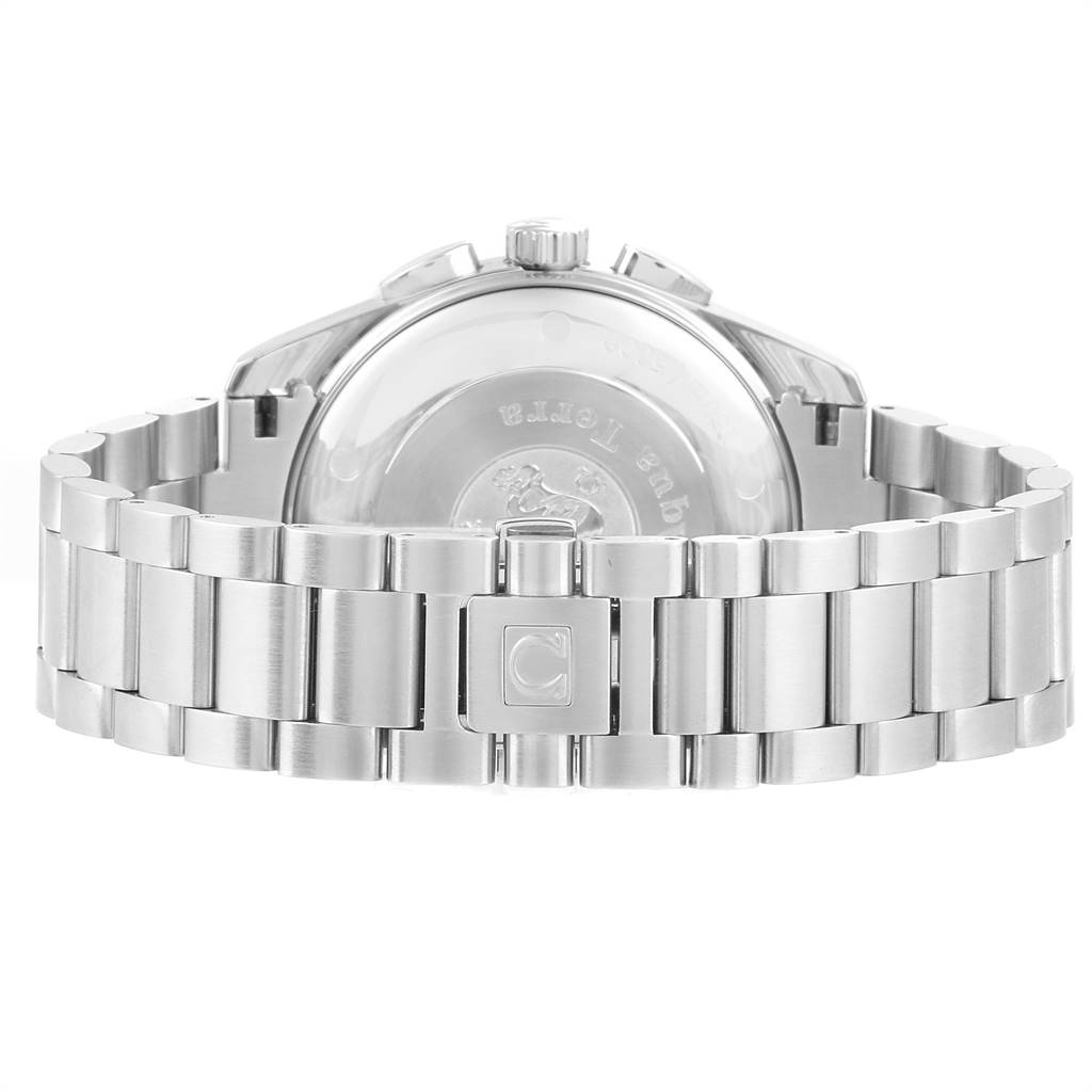 This image shows the case back, clasp, and metal bracelet of the Omega Aqua Terra 2512.30.00 Men
s Stainless Steel Silver Dial 2512.30.00 Men
s Stainless Steel Silver Dial watch from a rear angle.