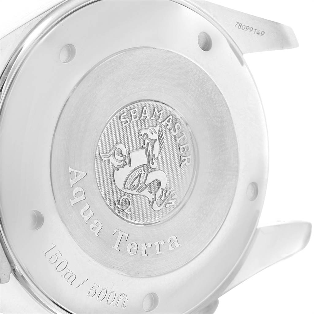 This image shows the case back of the Omega Aqua Terra 2512.30.00 Men
s Stainless Steel Silver Dial 2512.30.00 Men
s Stainless Steel Silver Dial watch, featuring the Seamaster emblem.