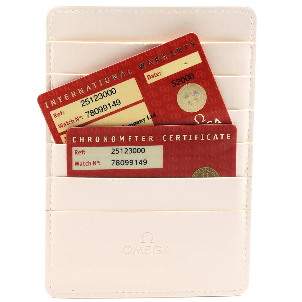 This image shows the International Warranty and Chronometer Certificate cards for the Omega Aqua Terra 2512.30.00 Men
s Stainless Steel Silver Dial 2512.30.00 Men
s Stainless Steel Silver Dial model.