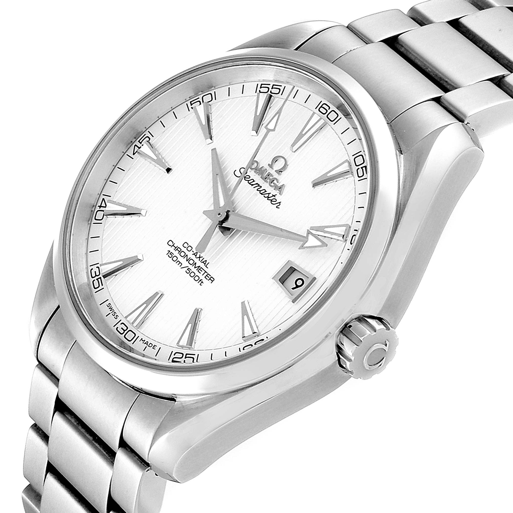 The image shows a close-up angled view of the Omega Aqua Terra 231.10.42.21.02.001 Men
s Stainless Steel Silver Dial 231.10.42.21.02.001 Men
s Stainless Steel Silver Dial watch, highlighting the dial, bracelet, and crown.