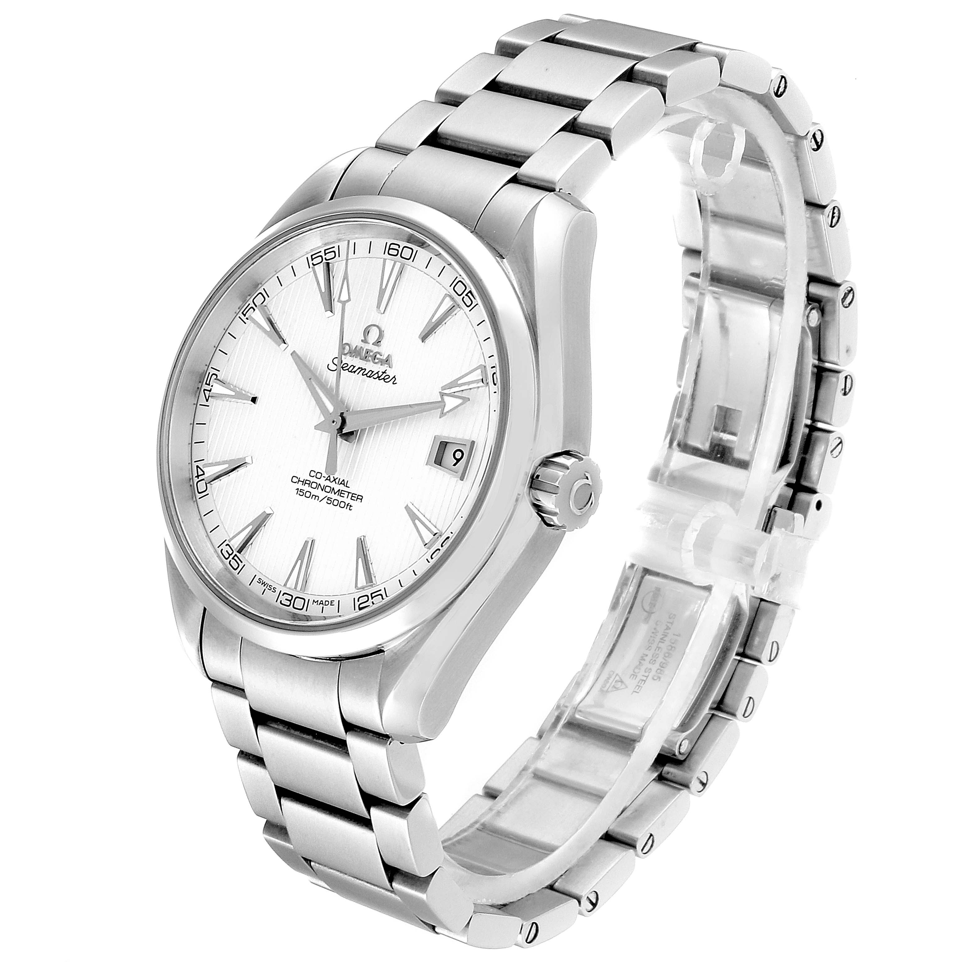 The Omega Aqua Terra 231.10.42.21.02.001 Men
s Stainless Steel Silver Dial 231.10.42.21.02.001 Men
s Stainless Steel Silver Dial watch is shown at a three-quarter angle, highlighting its face, bezel, and metal bracelet.