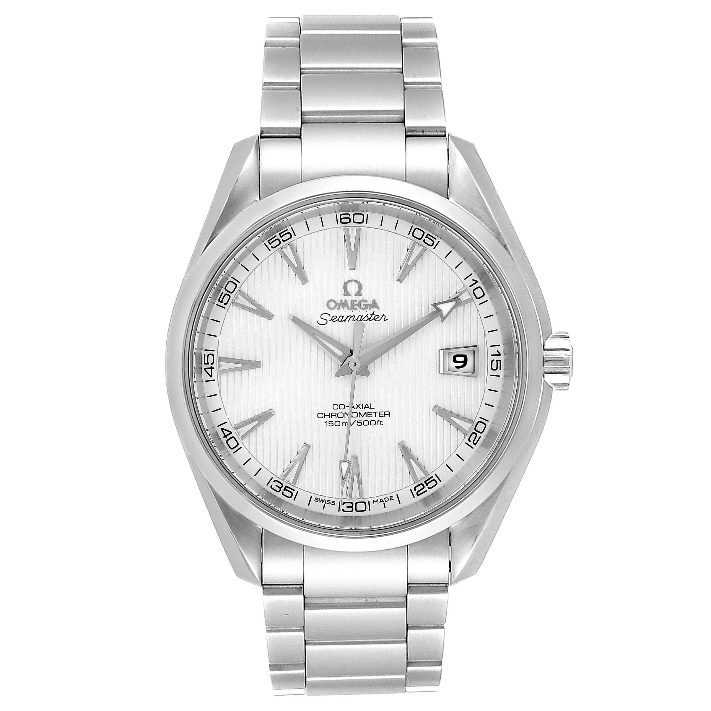 This image shows the dial and bracelet of an Omega Aqua Terra 231.10.42.21.02.001 Men
s Stainless Steel Silver Dial 231.10.42.21.02.001 Men
s Stainless Steel Silver Dial watch from a front angle.