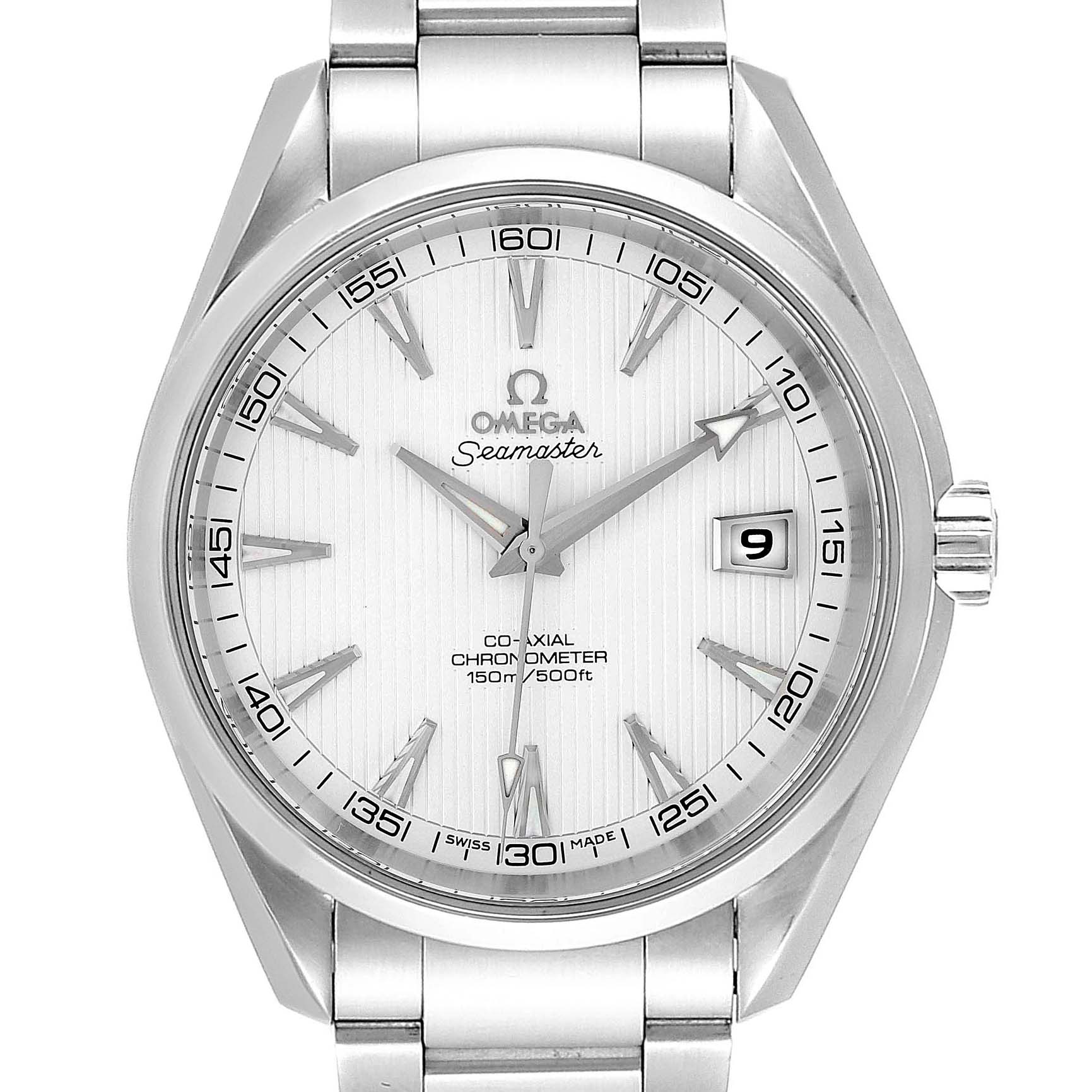 The image shows a front view of the Omega Aqua Terra 231.10.42.21.02.001 Men
s Stainless Steel Silver Dial 231.10.42.21.02.001 Men
s Stainless Steel Silver Dial watch, featuring its dial, hands, date window, and part of the bracelet.