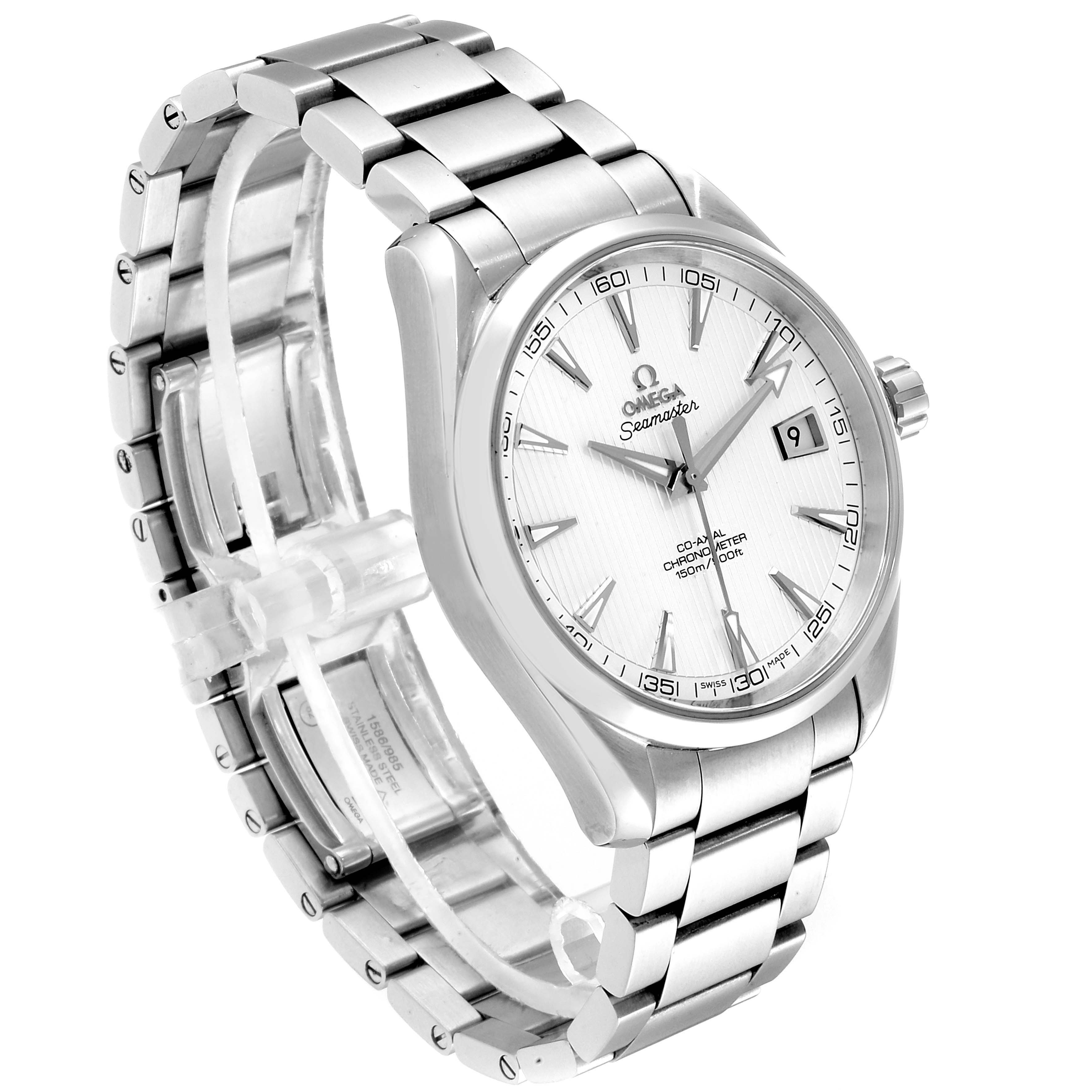 The Omega Aqua Terra 231.10.42.21.02.001 Men
s Stainless Steel Silver Dial 231.10.42.21.02.001 Men
s Stainless Steel Silver Dial watch is shown at a slight angle, featuring its silver bracelet, watch face, and date display.