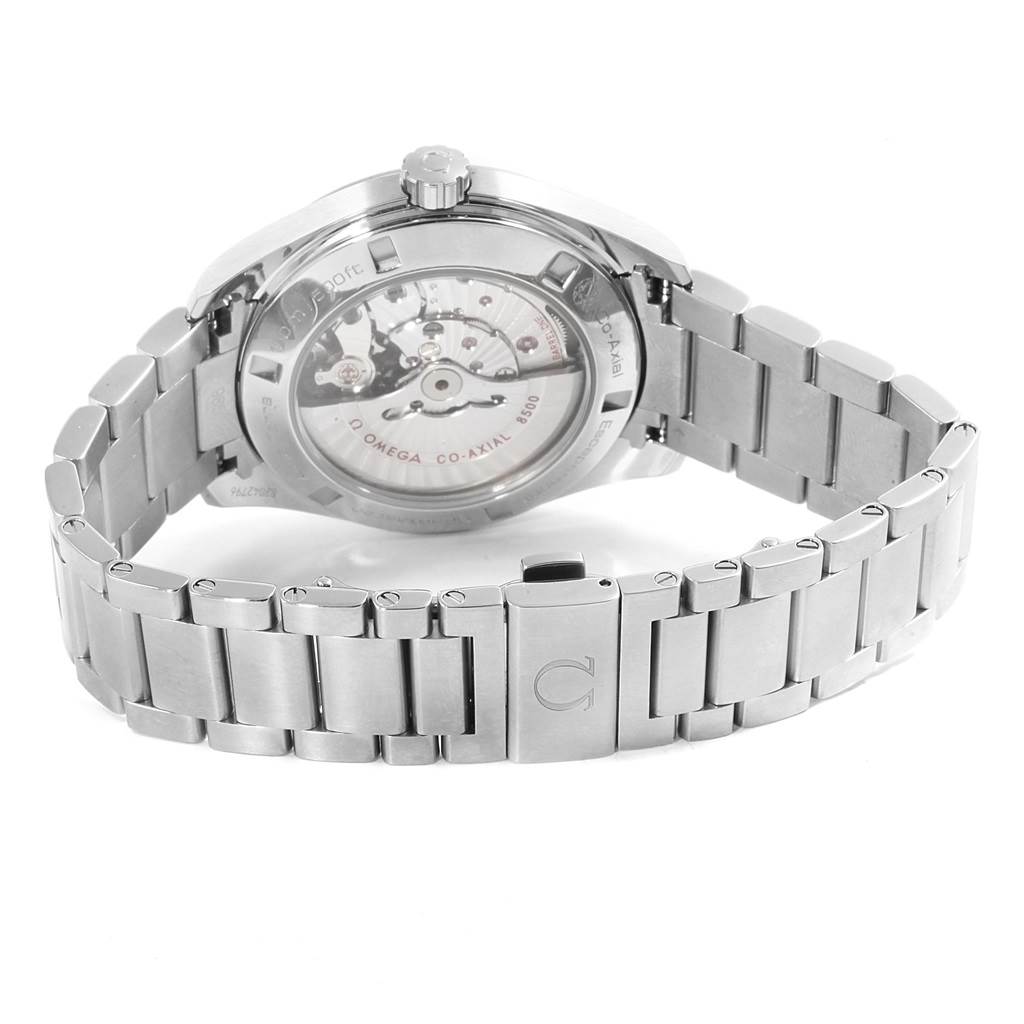 The image shows the back view of an Omega Aqua Terra 231.10.42.21.02.001 Men
s Stainless Steel Silver Dial 231.10.42.21.02.001 Men
s Stainless Steel Silver Dial watch, highlighting its movement and stainless steel bracelet.
