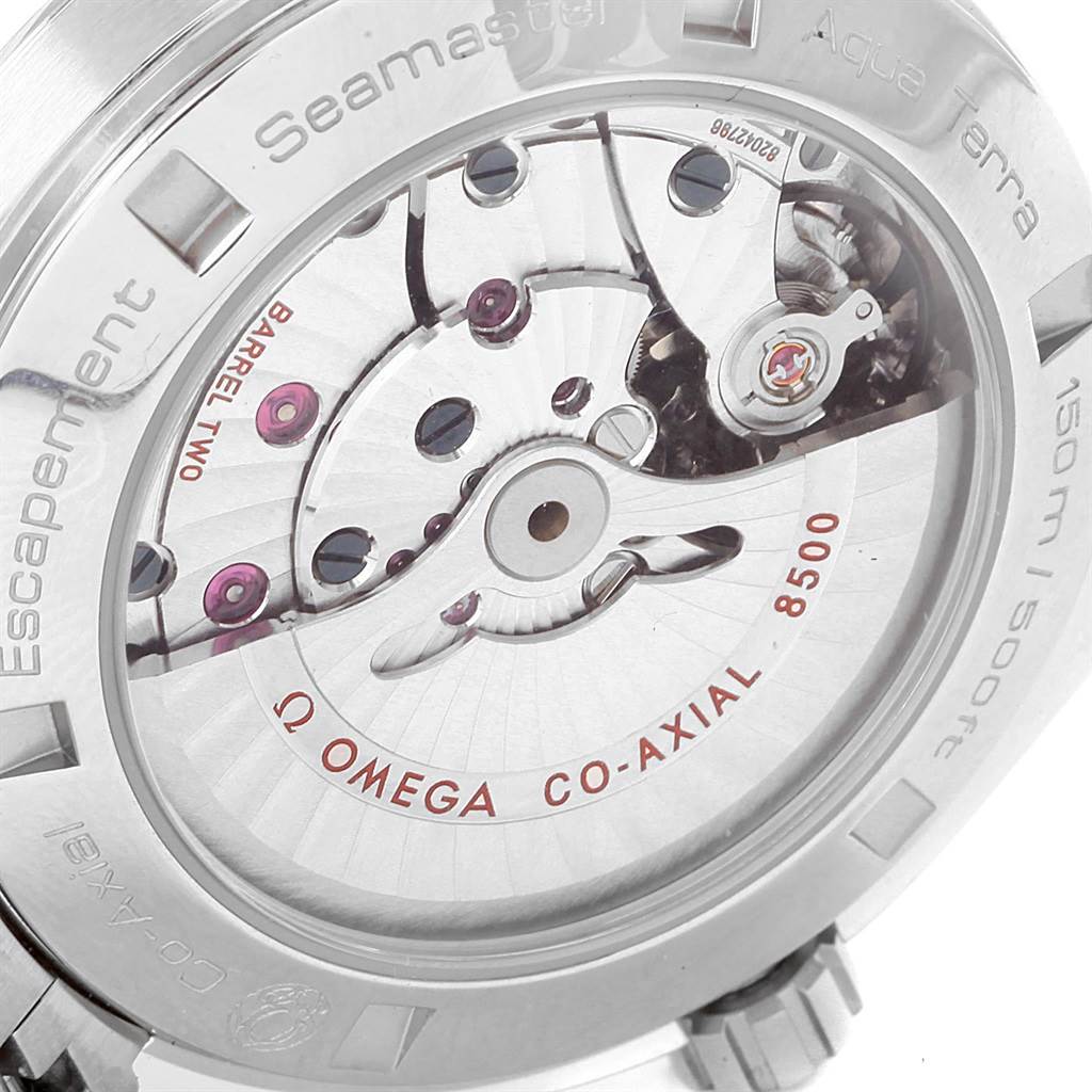 This image shows the back view of the Omega Aqua Terra 231.10.42.21.02.001 Men
s Stainless Steel Silver Dial 231.10.42.21.02.001 Men
s Stainless Steel Silver Dial, highlighting its intricate movement and branded rotor.