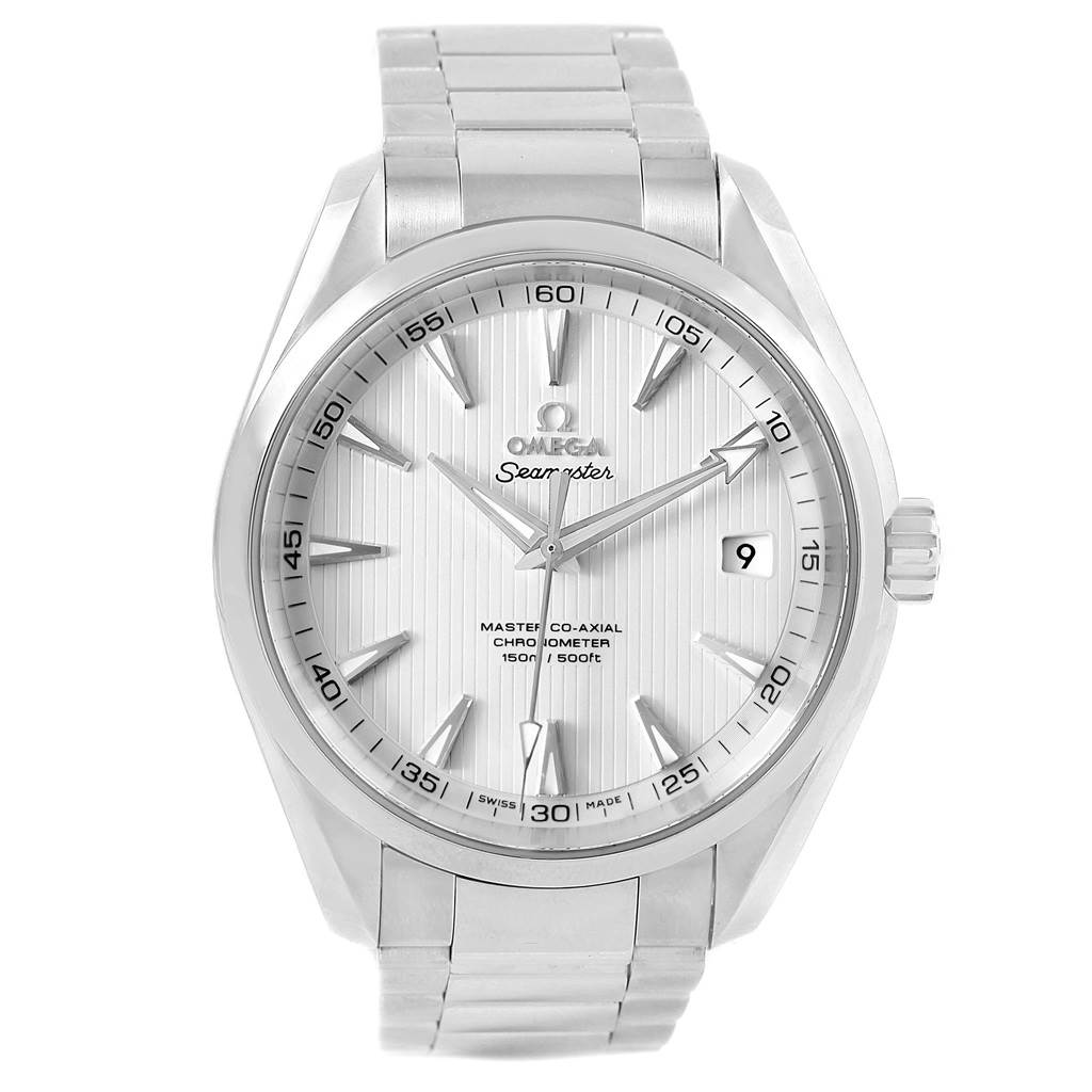 The image shows a front view of the Omega Aqua Terra 231.10.39.21.02.001 Men
s Stainless Steel Silver Dial 231.10.39.21.02.001 Men
s Stainless Steel Silver Dial model, displaying its face, dial, hands, and bracelet.
