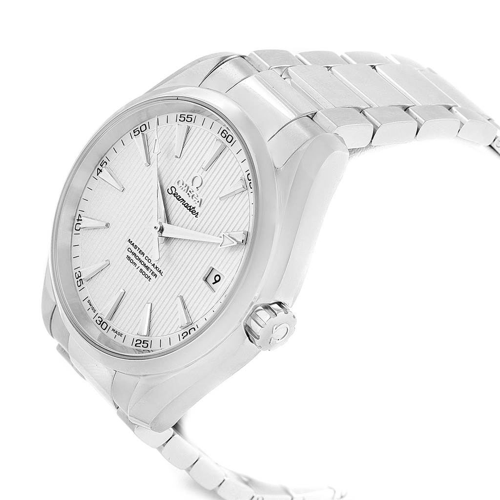 The image shows a side view of the Omega Aqua Terra 231.10.39.21.02.001 Men
s Stainless Steel Silver Dial 231.10.39.21.02.001 Men
s Stainless Steel Silver Dial watch, highlighting the face, crown, date window, and bracelet.