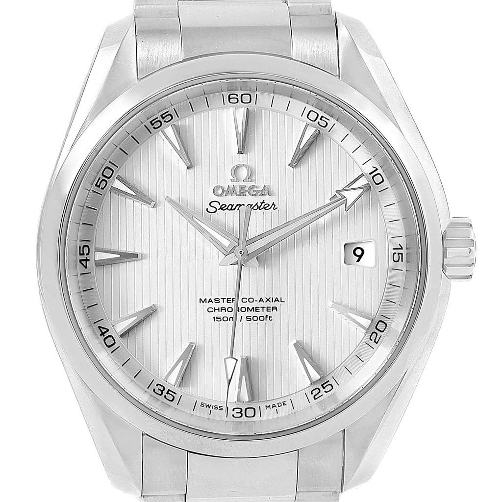 The image shows the front view of the Omega Aqua Terra 231.10.39.21.02.001 Men
s Stainless Steel Silver Dial 231.10.39.21.02.001 Men
s Stainless Steel Silver Dial watch, highlighting its face, dial, hands, and date window.