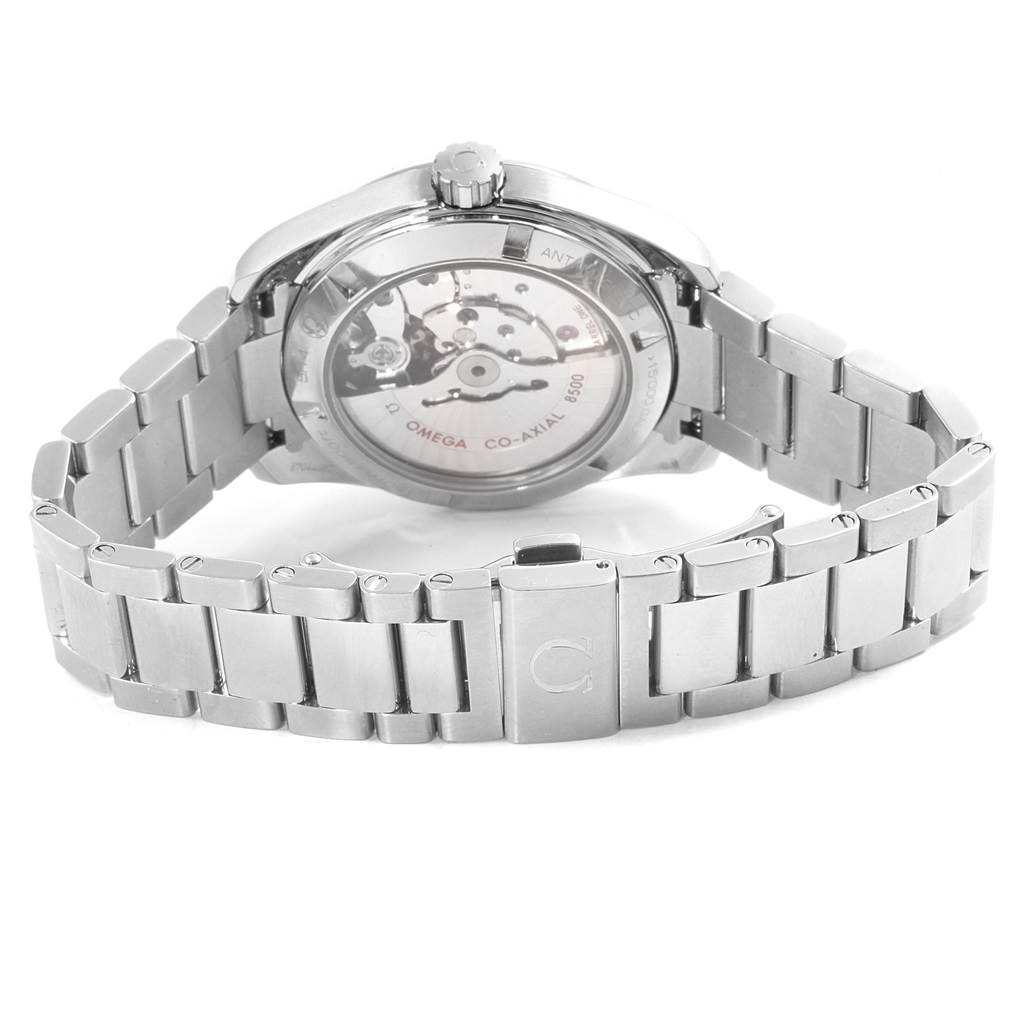 The image shows the back of the Omega Aqua Terra 231.10.39.21.02.001 Men
s Stainless Steel Silver Dial 231.10.39.21.02.001 Men
s Stainless Steel Silver Dial watch, highlighting the visible movement through the transparent case back and the bracelet.