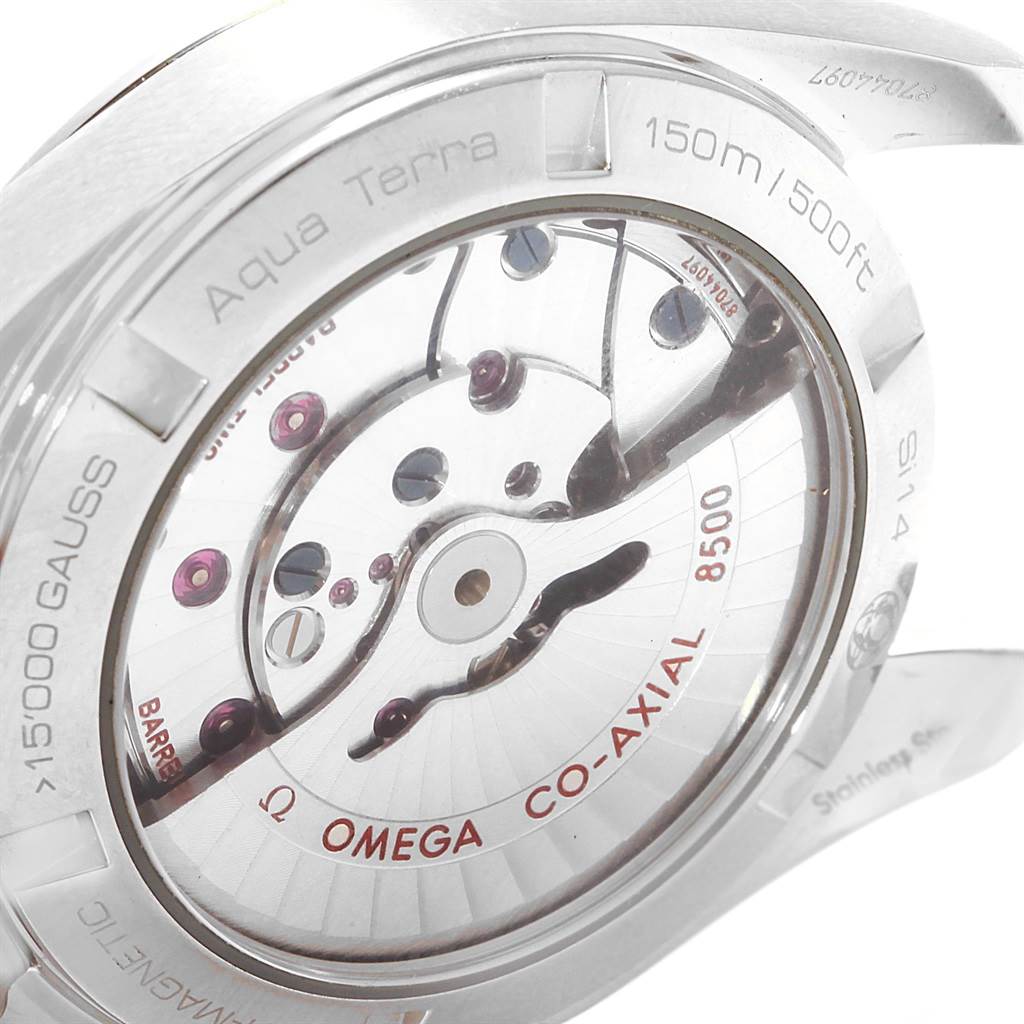 The image shows the back view of the Omega Aqua Terra 231.10.39.21.02.001 Men
s Stainless Steel Silver Dial 231.10.39.21.02.001 Men
s Stainless Steel Silver Dial watch, highlighting its transparent case back and internal movement.