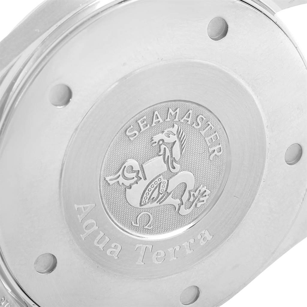 The image shows the engraved case back of the Omega Seamaster Aqua Terra model at a close-up angle.