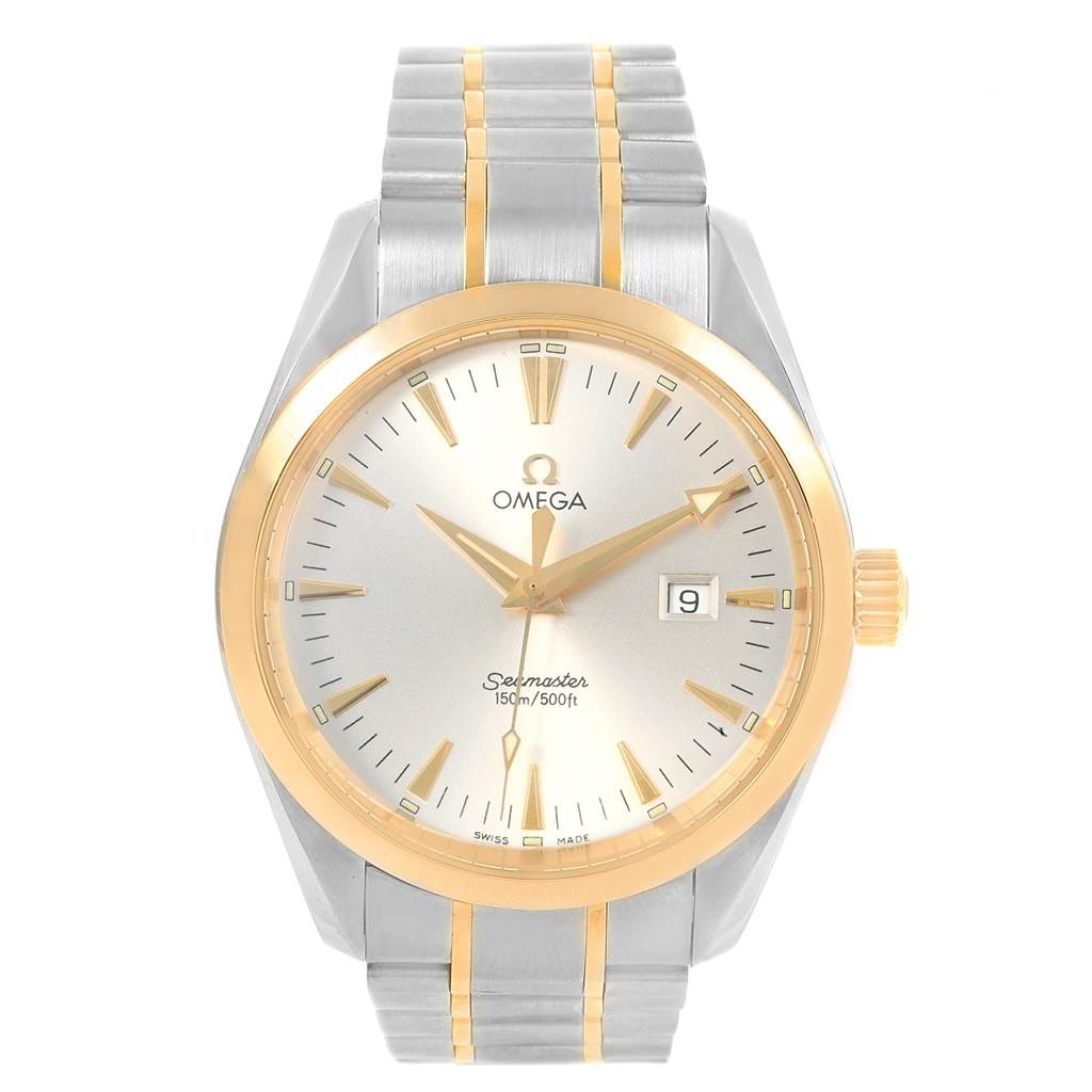 The image shows a front view of the Omega Aqua Terra 2317.30.00 Steel and Gold (two tone) Silver Dial 2317.30.00 Steel and Gold (two tone) Silver Dial Seamaster watch, highlighting the face, bezel, case, crown, and bracelet.