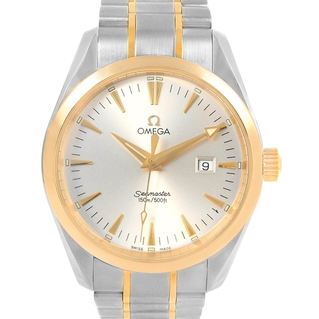 The image shows a front view of an Omega Aqua Terra 2318.30.00 Men
s Steel and Gold (two tone) Silver Dial 2318.30.00 Men
s Steel and Gold (two tone) Silver Dial watch, highlighting its silver and gold color scheme with a date display at 3 o
clock.