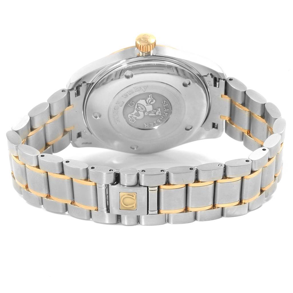 The image shows the back case and bracelet of an Omega Aqua Terra 2317.30.00 Men's Steel and Gold (two tone) Silver Dial 2317.30.00 Men's Steel and Gold (two tone) Silver Dial watch from a rear angle.