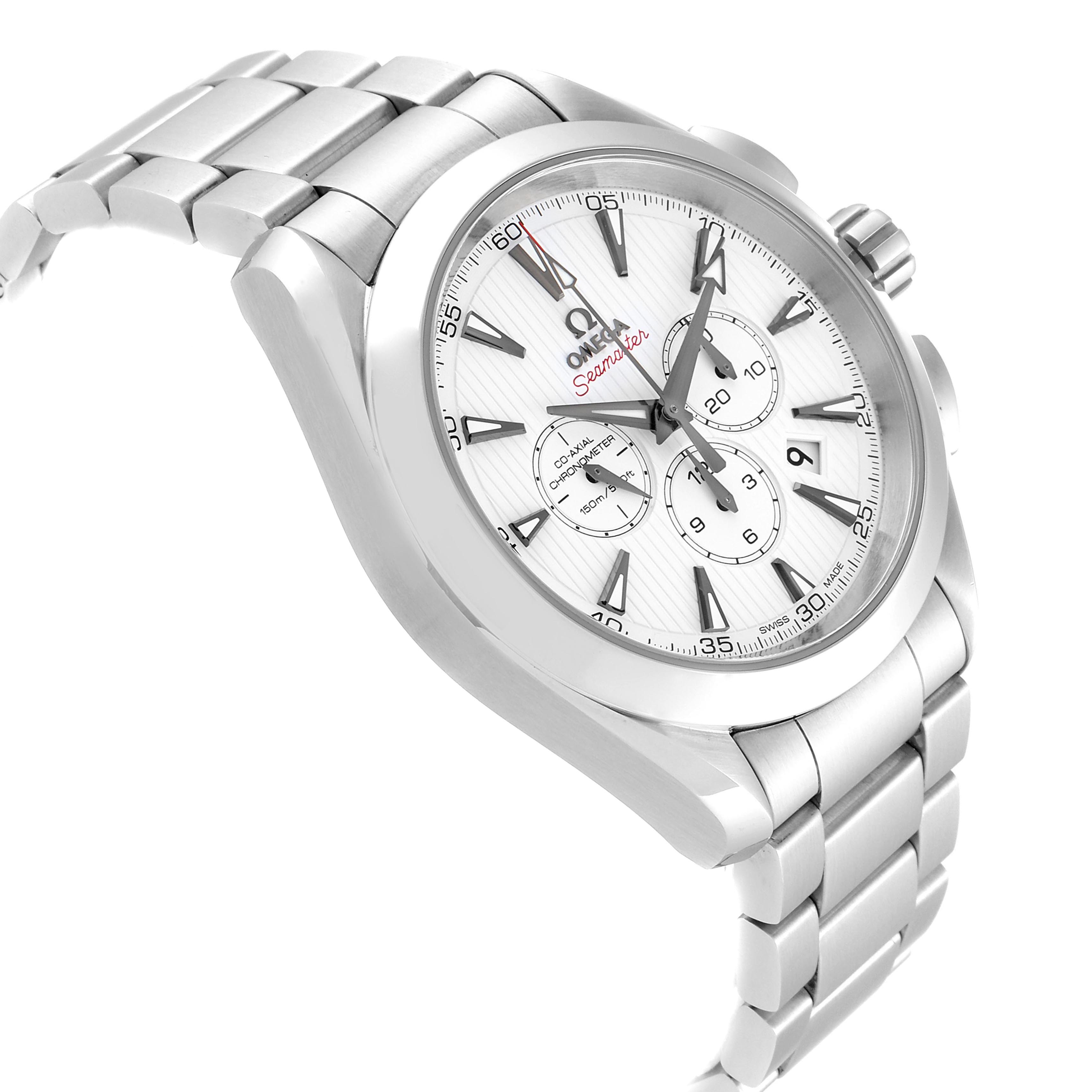 The image shows an Omega Aqua Terra 231.10.44.50.04.001 Men
s Stainless Steel White Dial 231.10.44.50.04.001 Men
s Stainless Steel White Dial watch at a three-quarter angle, highlighting its dial, bezel, crown, and bracelet.