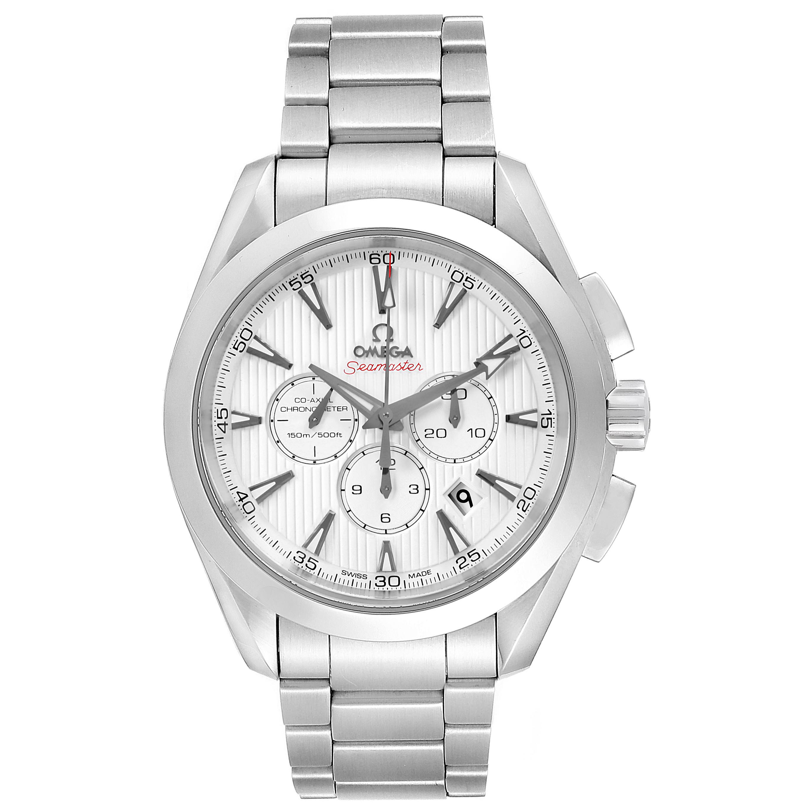The image shows a front view of the Omega Aqua Terra 231.10.44.50.04.001 Men
s Stainless Steel White Dial 231.10.44.50.04.001 Men
s Stainless Steel White Dial Seamaster watch, displaying its dial, hands, and bracelet.