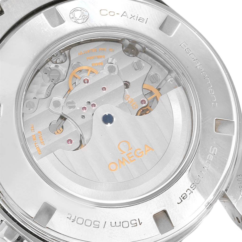 The image shows the back of the Omega Aqua Terra 231.10.44.50.04.001 Men
s Stainless Steel White Dial 231.10.44.50.04.001 Men
s Stainless Steel White Dial watch, highlighting its Co-Axial escapement and inner mechanical components.