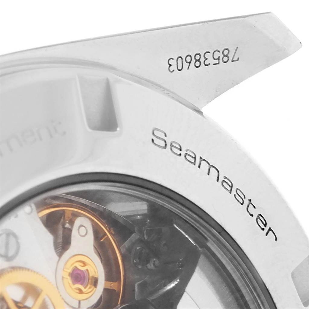 This image shows the case back of the Omega Aqua Terra 231.10.44.50.04.001 Men
s Stainless Steel White Dial 231.10.44.50.04.001 Men
s Stainless Steel White Dial Seamaster watch, highlighting part of the movement and serial number.
