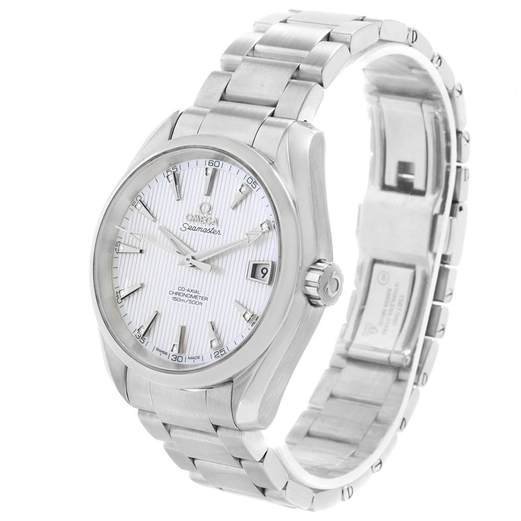 The Omega Aqua Terra 231.10.39.21.55.001 Men's Stainless Steel Mother of Pearl Dial 231.10.39.21.55.001 Men's Stainless Steel Mother of Pearl Dial watch is shown from a front and slightly angled side view, displaying the dial, bezel, and metal bracelet.