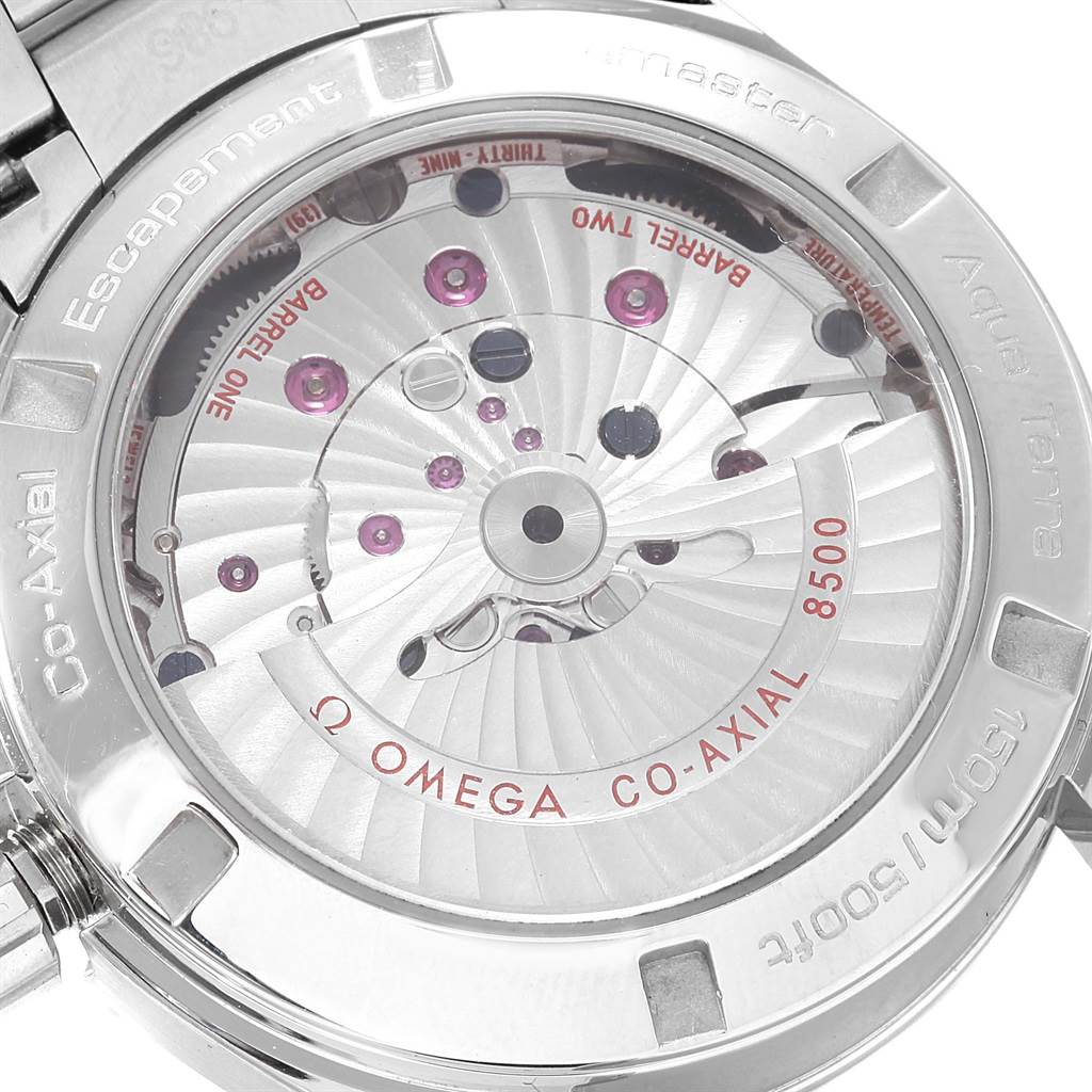 This image shows the case back of an Omega Aqua Terra 231.10.39.21.55.001 Men's Stainless Steel Mother of Pearl Dial 231.10.39.21.55.001 Men's Stainless Steel Mother of Pearl Dial watch, highlighting its movement and the Co-Axial mechanism.