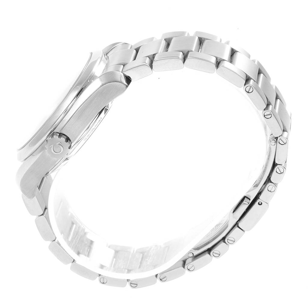 This side view of the Omega Aqua Terra 231.10.39.21.55.001 Men's Stainless Steel Mother of Pearl Dial 231.10.39.21.55.001 Men's Stainless Steel Mother of Pearl Dial watch displays part of the bezel, case, and metal bracelet.