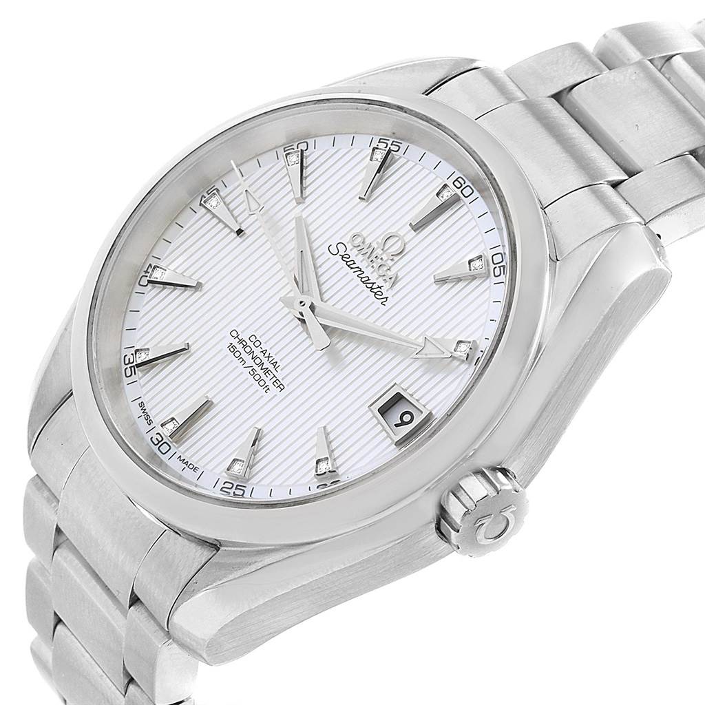 The angle shows the Omega Aqua Terra 231.10.39.21.55.001 Men's Stainless Steel Mother of Pearl Dial 231.10.39.21.55.001 Men's Stainless Steel Mother of Pearl Dial watch face, crown, and part of the bracelet.