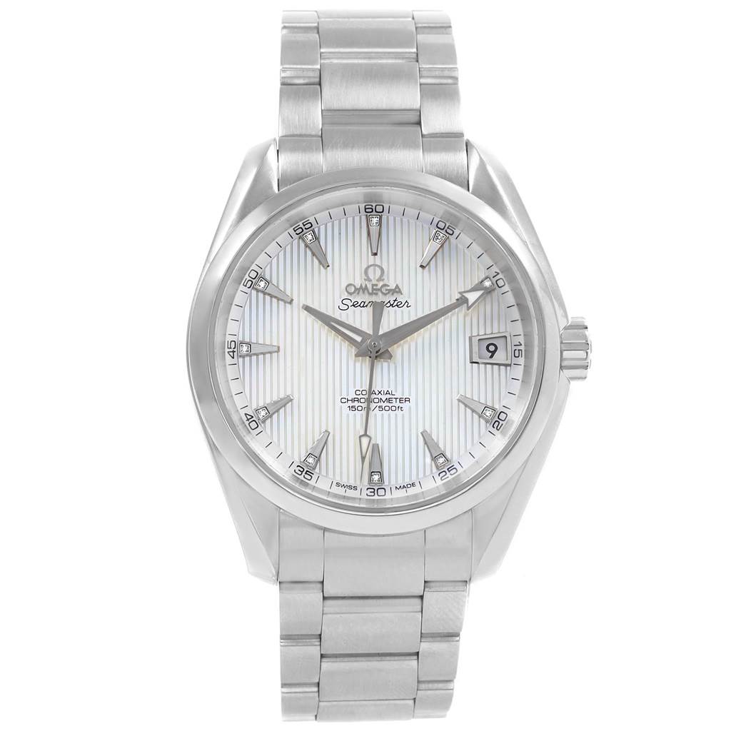 The Omega Aqua Terra 231.10.39.21.55.001 Men's Stainless Steel Mother of Pearl Dial 231.10.39.21.55.001 Men's Stainless Steel Mother of Pearl Dial watch is shown from a front angle, displaying the face, hands, markers, date window, and bracelet.