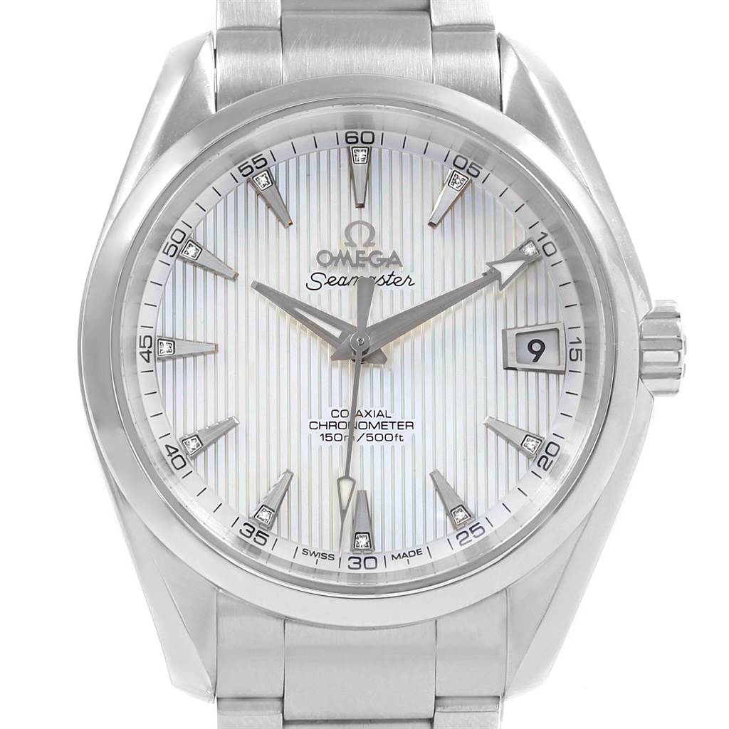 The image shows a front view of an Omega Aqua Terra 231.10.39.21.55.001 Men's Stainless Steel Mother of Pearl Dial 231.10.39.21.55.001 Men's Stainless Steel Mother of Pearl Dial Seamaster watch, highlighting the face, hands, and stainless steel band.