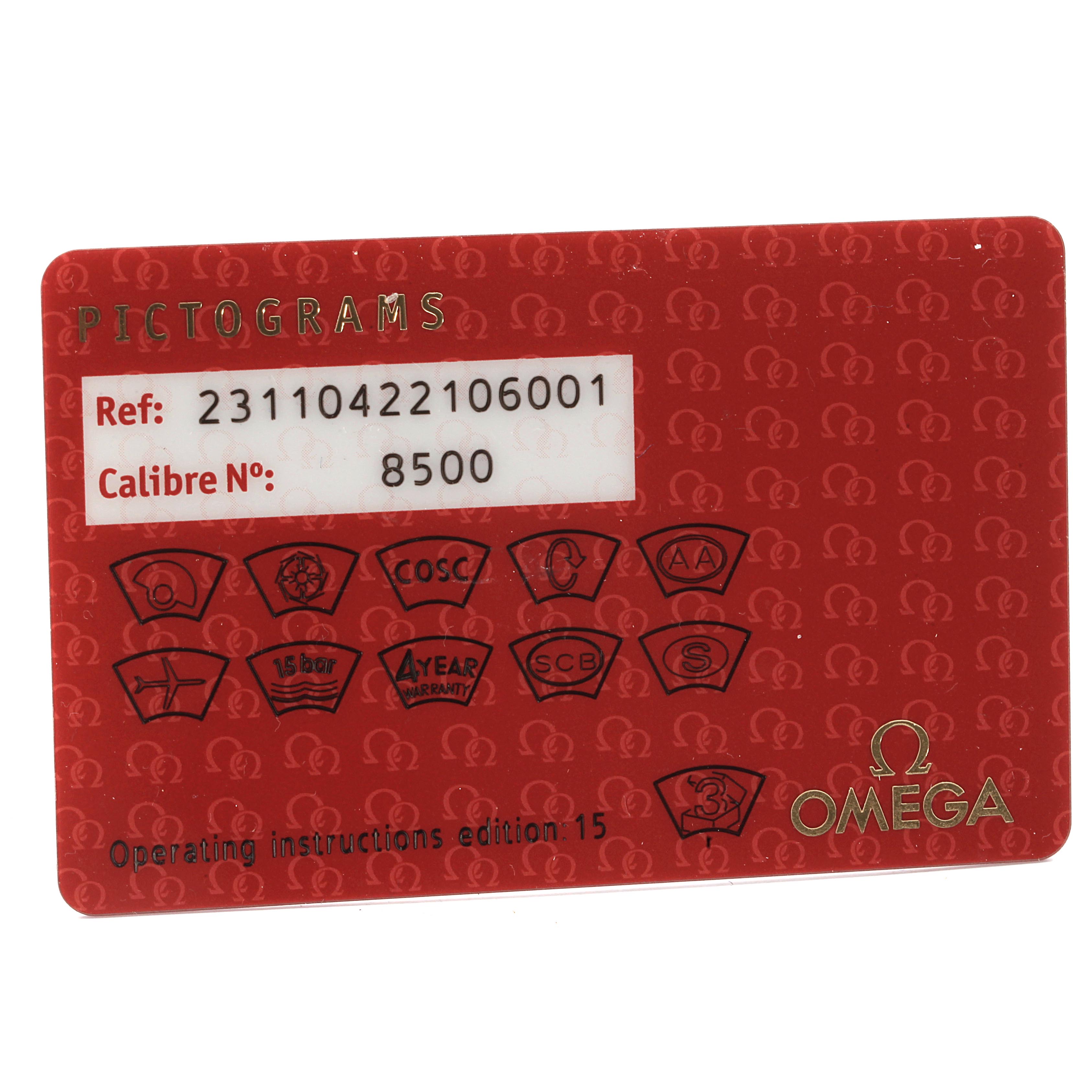 This is a red pictogram card for the Omega Aqua Terra 231.10.42.21.02.003 Men
s Stainless Steel Silver Dial 231.10.42.21.02.003 Men
s Stainless Steel Silver Dial model watch, showing reference and caliber numbers, along with various certification icons.