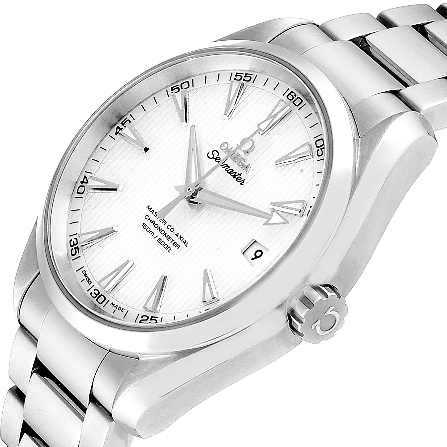 The Omega Aqua Terra 231.10.42.21.02.003 Men
s Stainless Steel Silver Dial 231.10.42.21.02.003 Men
s Stainless Steel Silver Dial watch is shown at a slight side angle, displaying the dial, crown, and part of the metal bracelet.