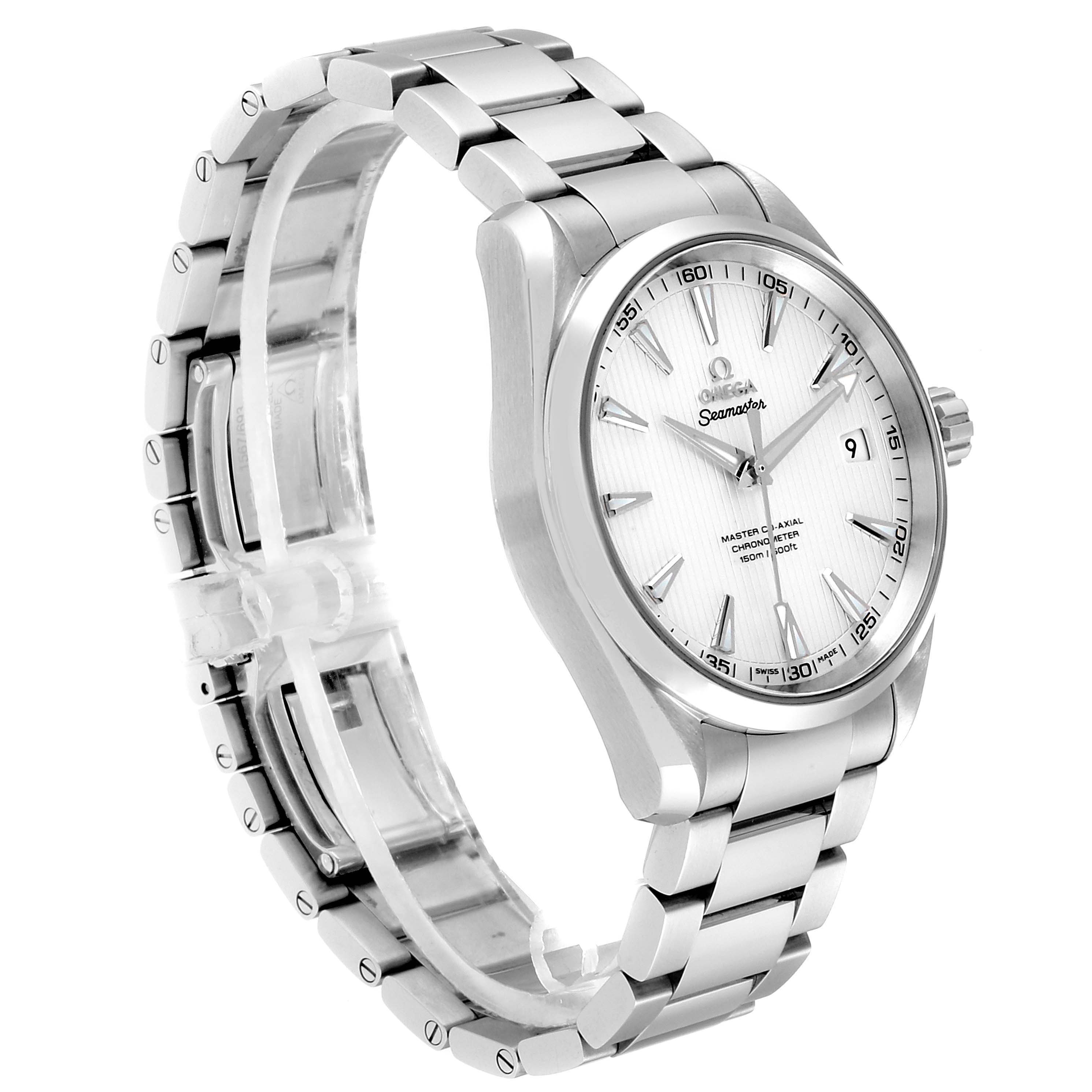 The image shows the Omega Aqua Terra 231.10.42.21.02.003 Men
s Stainless Steel Silver Dial 231.10.42.21.02.003 Men
s Stainless Steel Silver Dial watch angled to display its face, bezel, crown, and metal bracelet in profile view.