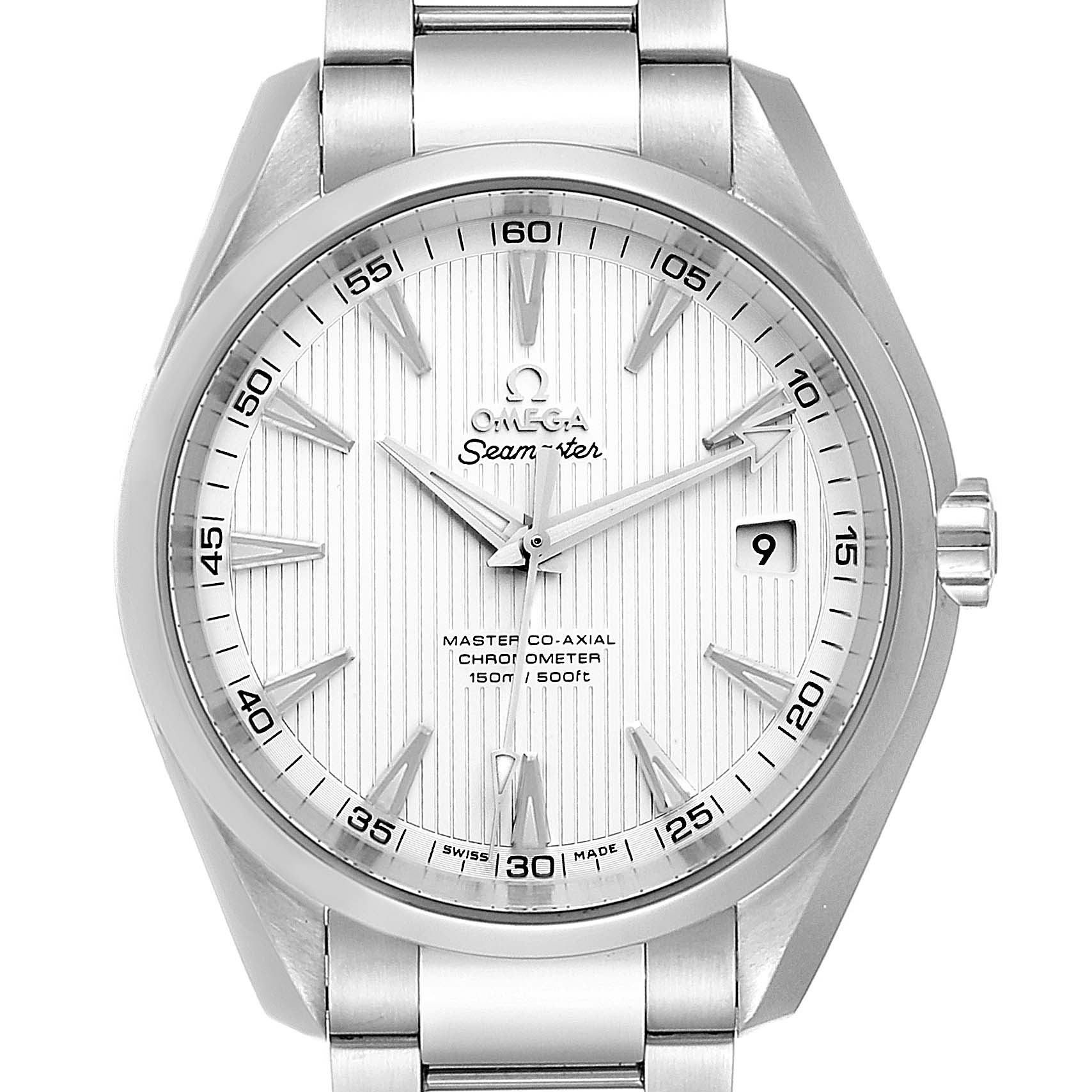 The image shows a front view of the Omega Aqua Terra 231.10.42.21.02.003 Men
s Stainless Steel Silver Dial 231.10.42.21.02.003 Men
s Stainless Steel Silver Dial watch, highlighting its dial, hands, bezel, crown, and part of the bracelet.