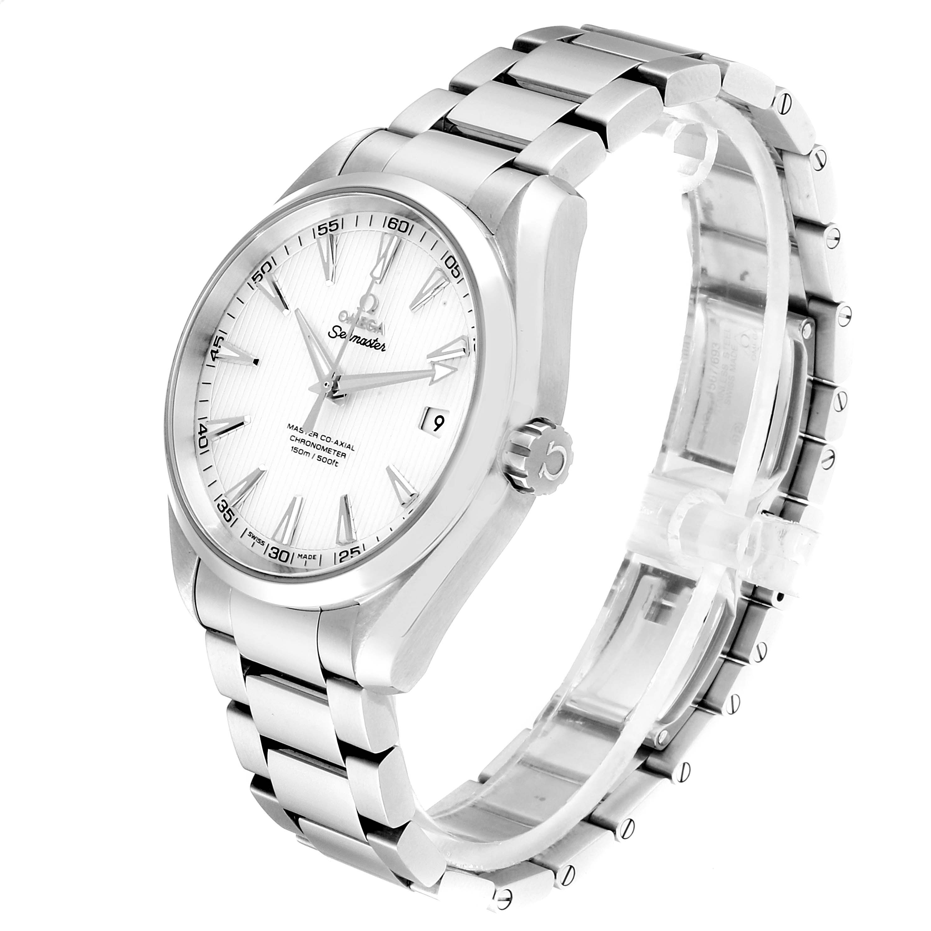 The Omega Aqua Terra 231.10.42.21.02.003 Men
s Stainless Steel Silver Dial 231.10.42.21.02.003 Men
s Stainless Steel Silver Dial watch is shown at an oblique angle, highlighting the face, metal bracelet, and crown.