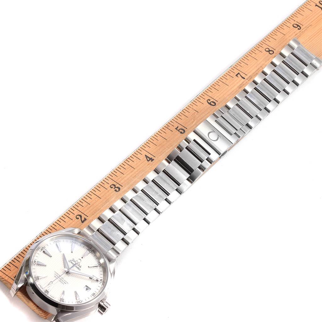 The image shows an Omega Aqua Terra 231.10.42.21.02.003 Men
s Stainless Steel Silver Dial 231.10.42.21.02.003 Men
s Stainless Steel Silver Dial watch lying flat with a ruler measuring its stainless steel bracelet.