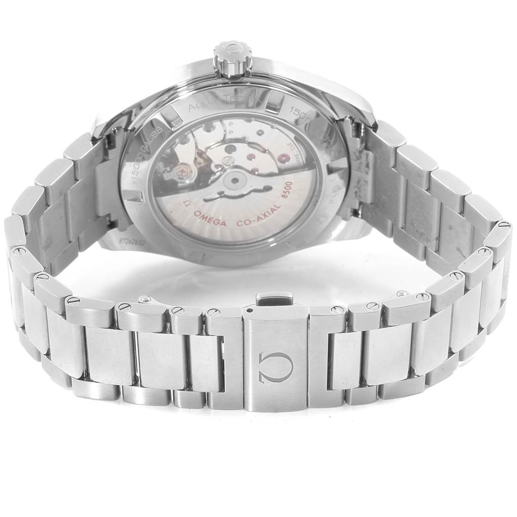 The image shows the back view of the Omega Aqua Terra 231.10.42.21.02.003 Men
s Stainless Steel Silver Dial 231.10.42.21.02.003 Men
s Stainless Steel Silver Dial model watch, highlighting its open case back and metal bracelet.