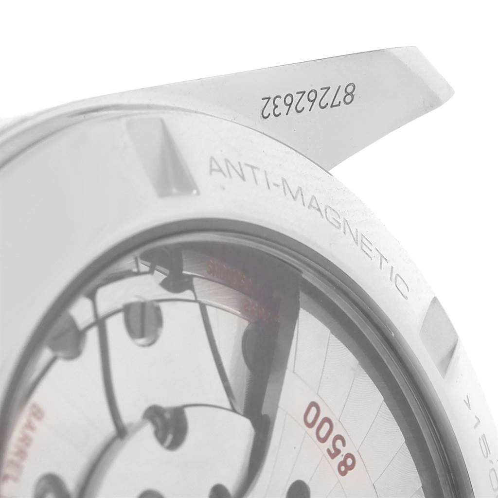 The image shows a close-up angle of the back of an Omega Aqua Terra 231.10.42.21.02.003 Men
s Stainless Steel Silver Dial 231.10.42.21.02.003 Men
s Stainless Steel Silver Dial watch, highlighting the anti-magnetic feature and movement parts.