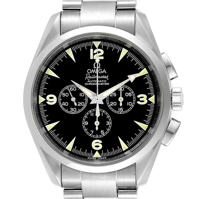 This image shows a front view of the Omega Aqua Terra Railmaster watch, highlighting its black dial and stainless steel bracelet.