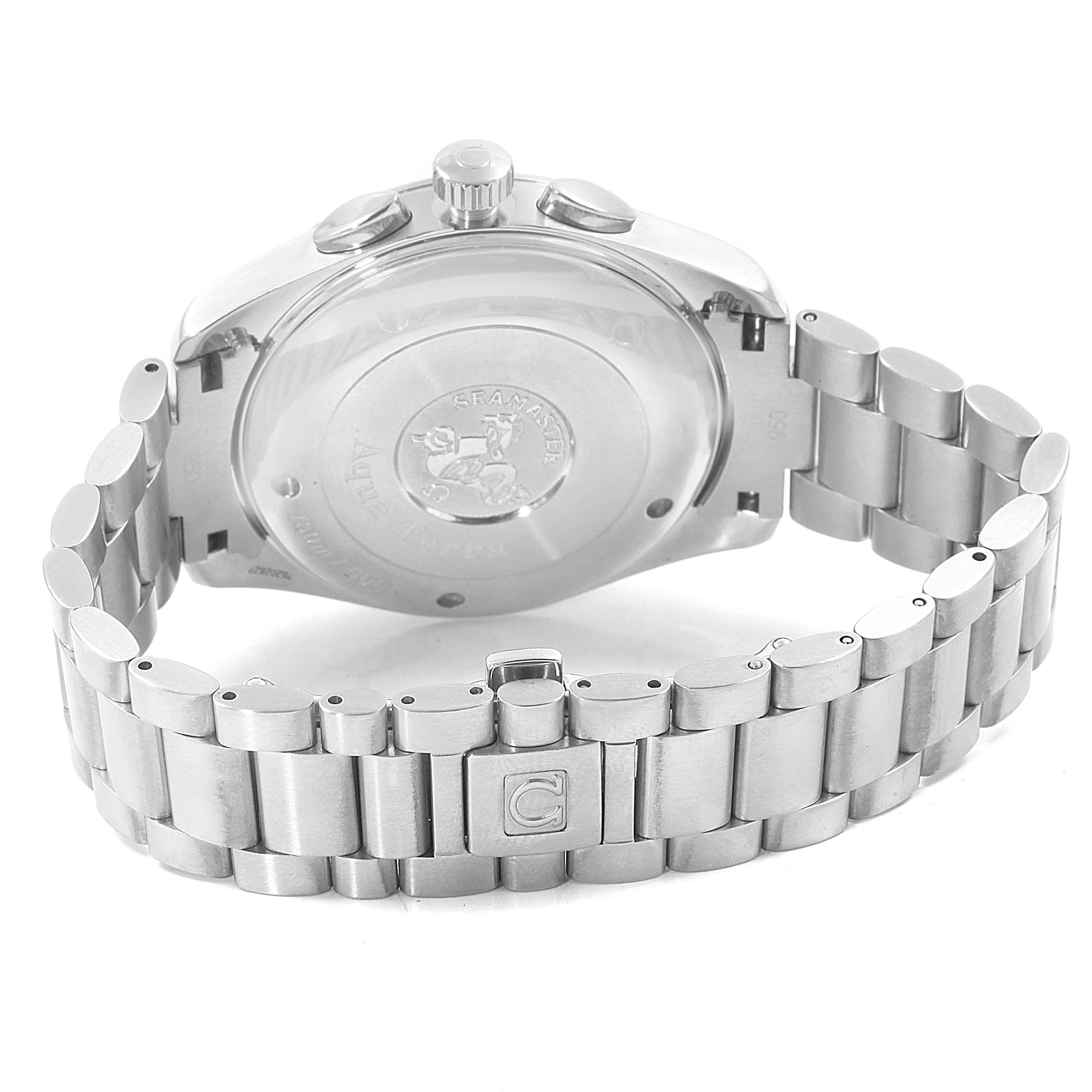 This image shows the back view of the Omega Aqua Terra 2512.52.00 Men's Stainless Steel Black Dial 2512.52.00 Men's Stainless Steel Black Dial watch, highlighting the case back and part of the metal bracelet.