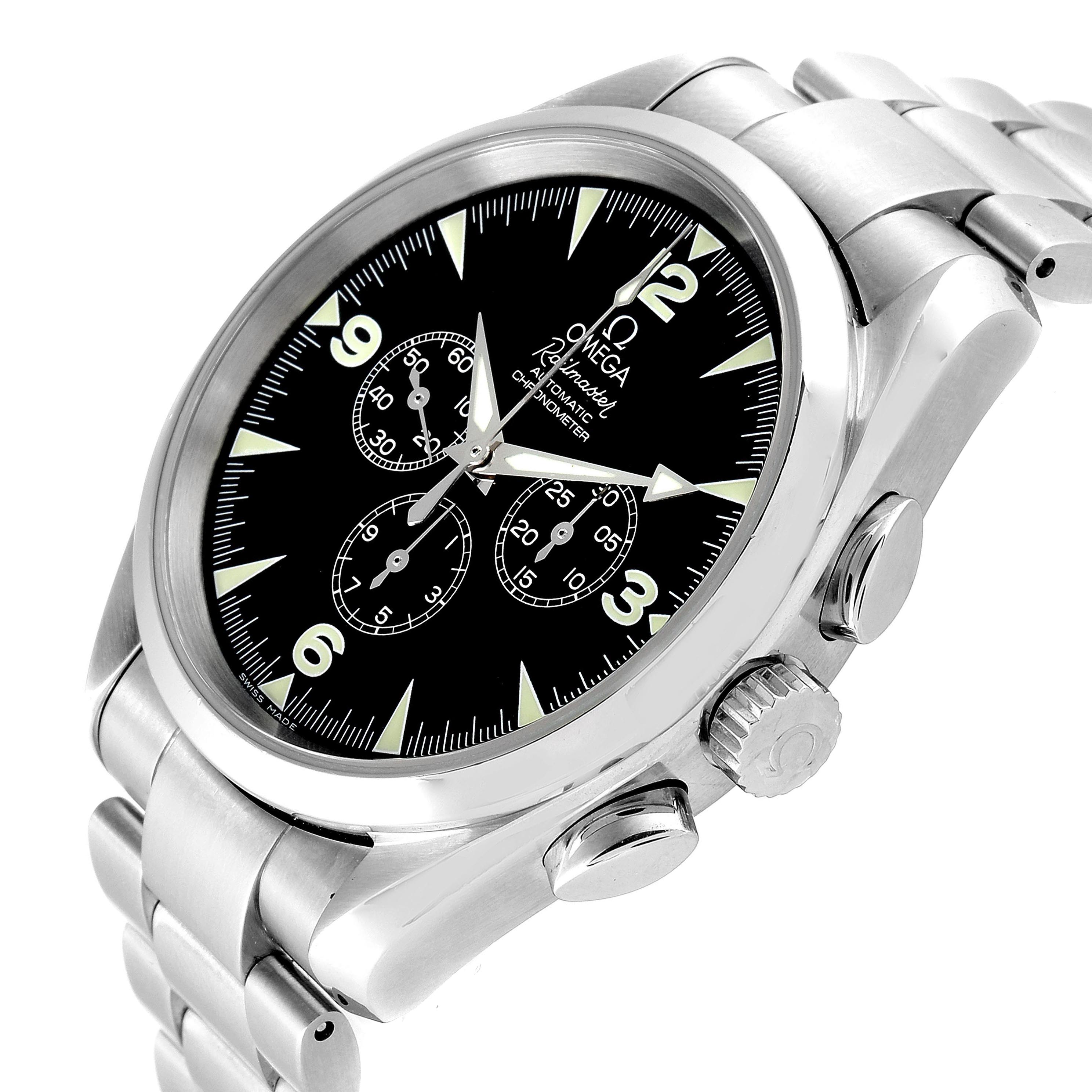 The Omega Aqua Terra 2512.52.00 Men's Stainless Steel Black Dial 2512.52.00 Men's Stainless Steel Black Dial watch is shown at a three-quarter angle, showcasing the metal bracelet, crown, and chronograph pushers.