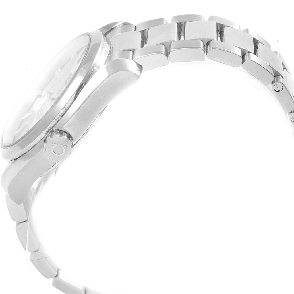 The image shows a side view of an Omega Aqua Terra 231.10.39.21.02.001 Stainless Steel Silver Dial 231.10.39.21.02.001 Stainless Steel Silver Dial watch, focusing on its bracelet and crown.