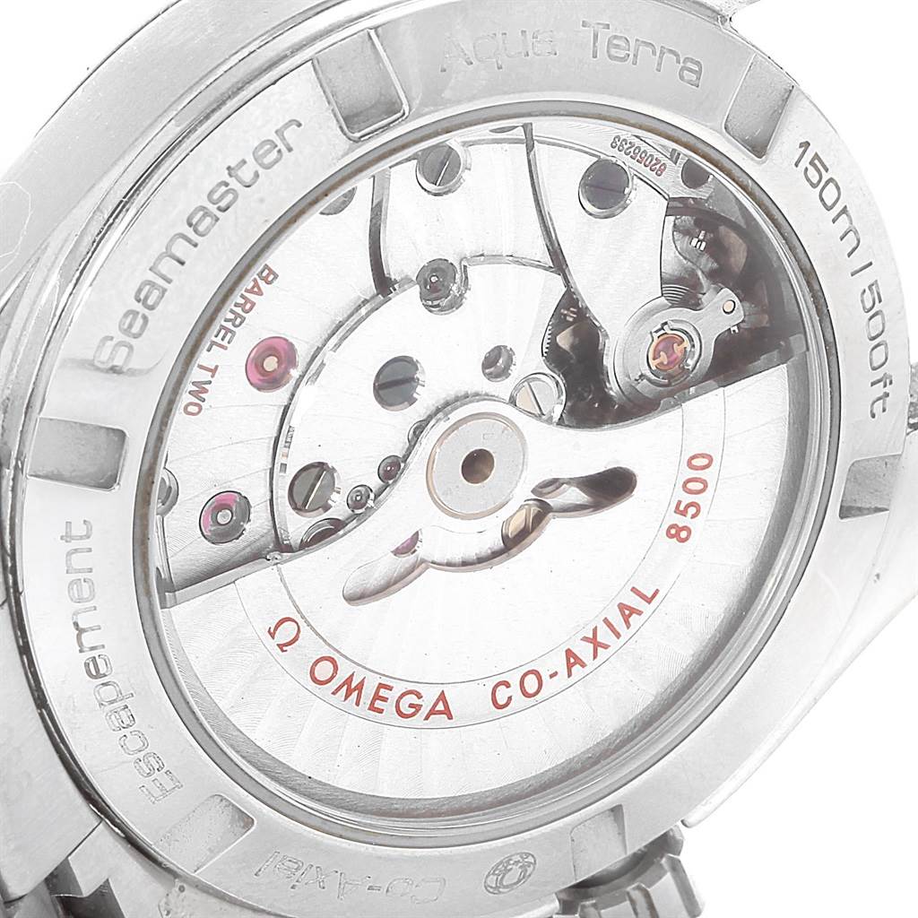 This image shows the caseback and internal movement of the Omega Aqua Terra 231.10.39.21.02.001 Stainless Steel Silver Dial 231.10.39.21.02.001 Stainless Steel Silver Dial watch.