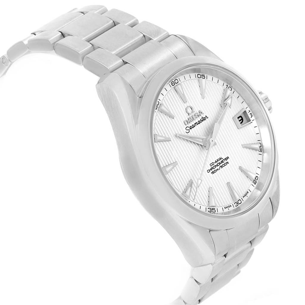 This image shows the Omega Aqua Terra 231.10.39.21.02.001 Stainless Steel Silver Dial 231.10.39.21.02.001 Stainless Steel Silver Dial watch at a slight angle, displaying the dial, bracelet, and part of the side profile.