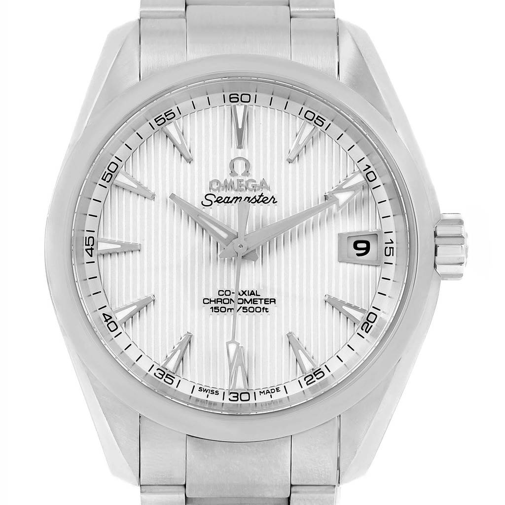 The image shows a front view of the Omega Aqua Terra 231.10.39.21.02.001 Stainless Steel Silver Dial 231.10.39.21.02.001 Stainless Steel Silver Dial watch, displaying the dial, hands, date window, and part of the bracelet.