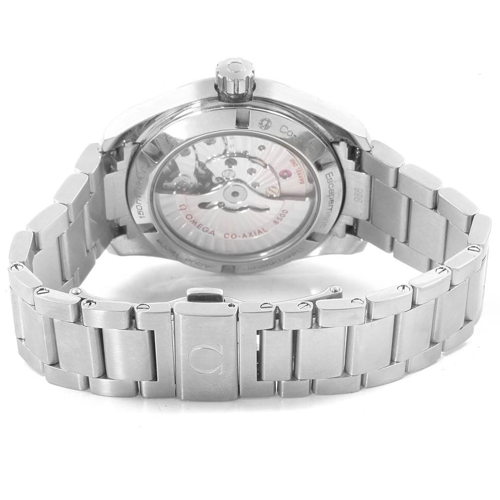 The image shows the back view of the Omega Aqua Terra 231.10.39.21.02.001 Stainless Steel Silver Dial 231.10.39.21.02.001 Stainless Steel Silver Dial watch, highlighting its open case back and metal bracelet.