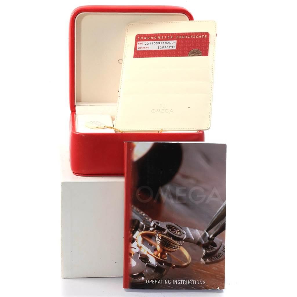 The image shows the packaging box, certificate, and operating instructions for the Omega Aqua Terra 231.10.39.21.02.001 Stainless Steel Silver Dial 231.10.39.21.02.001 Stainless Steel Silver Dial model watch.