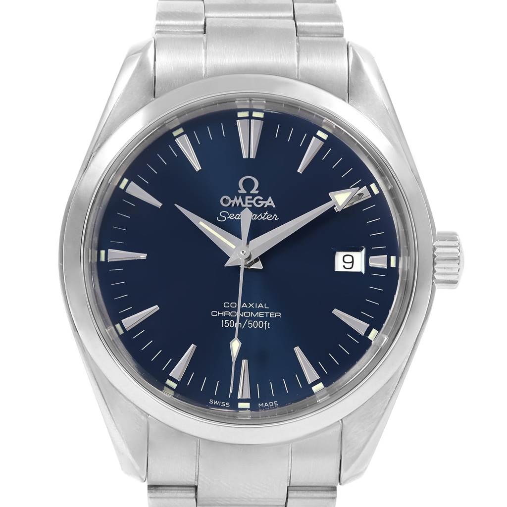 The image shows the front view of an Omega Aqua Terra 2503.80.00 Men's Stainless Steel Blue Dial 2503.80.00 Men's Stainless Steel Blue Dial watch, specifically displaying its dial, bezel, and part of the bracelet.