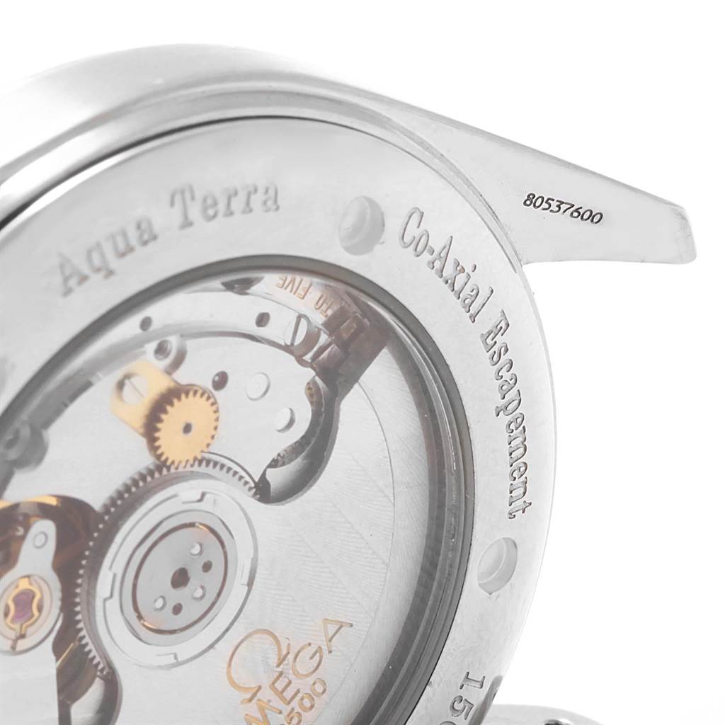 The image shows the back view of the Omega Aqua Terra 2503.80.00 Men's Stainless Steel Blue Dial 2503.80.00 Men's Stainless Steel Blue Dial watch, highlighting its Co-Axial Escapement mechanism.