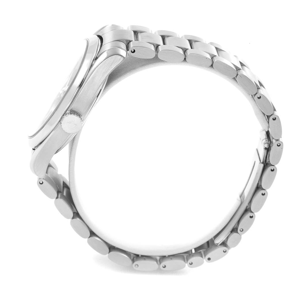 This side view of the Omega Aqua Terra 2503.80.00 Men's Stainless Steel Blue Dial 2503.80.00 Men's Stainless Steel Blue Dial watch showcases the case, crown, and metal bracelet.