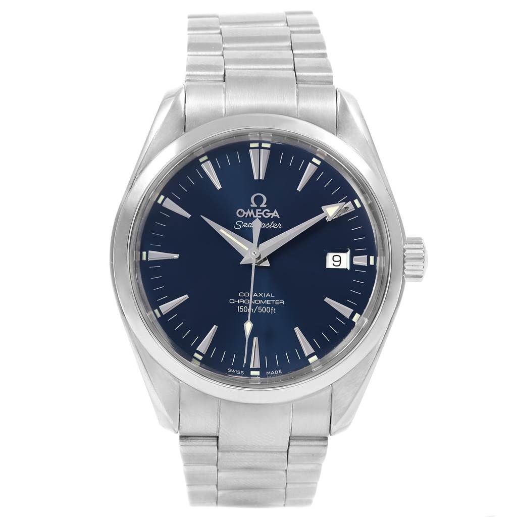 The image shows a front view of the Omega Aqua Terra 2503.80.00 Men's Stainless Steel Blue Dial 2503.80.00 Men's Stainless Steel Blue Dial watch, highlighting its face, dial, bezel, and bracelet.